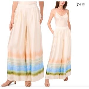 Wide Leg Tie-Dye Hem Satin Pants - Cream/Blue/Green